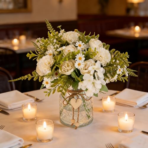 Kimura's Cabin Artificial Flowers with Vase Silk Peonies in Vase Fake Flowers with Vase Faux Flower for Office Home Table Centerpiece Bathroom Arrangement Decorations(White)