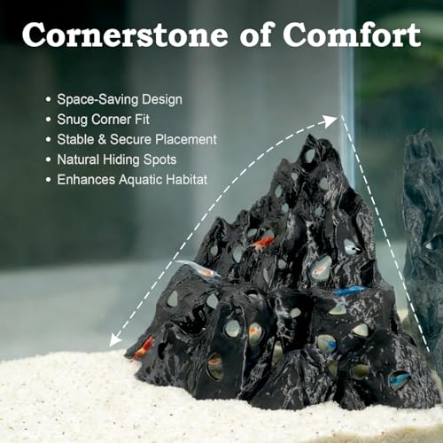 Rockery Cave, Aquarium Betta Fish Hideout Habitat Decor, Stable Resting Hiding Place for Cherry Shrimp, Dwarf Shrimp, Guppy and Small Fish (Black)