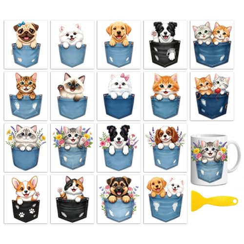 Peacoblue 18 Sheets Rub on Transfers for Crafts, Pocket Cats and Dogs 3.6"x3.9" UV DTF Cup Wraps Waterproof Cold Transfers Stickers for Wood Glass Metal Cup Tumblers Mirrors Mugs Home Decor - style: Pocket Cats and Dogs