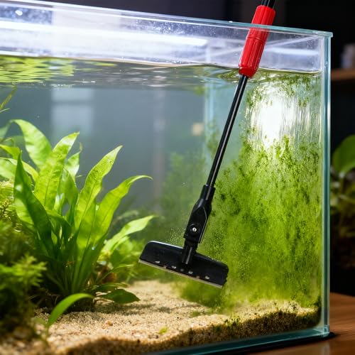 6 in 1 Aquarium Cleaning Tool Kit, Fish Tank Cleaner Set with Adjustable Telescopic Long Handle (21-32 Inch) Include Algae Scraper, Scrubber Pads, Fish Net, Tube Cleaning Brush, Gravel Rake