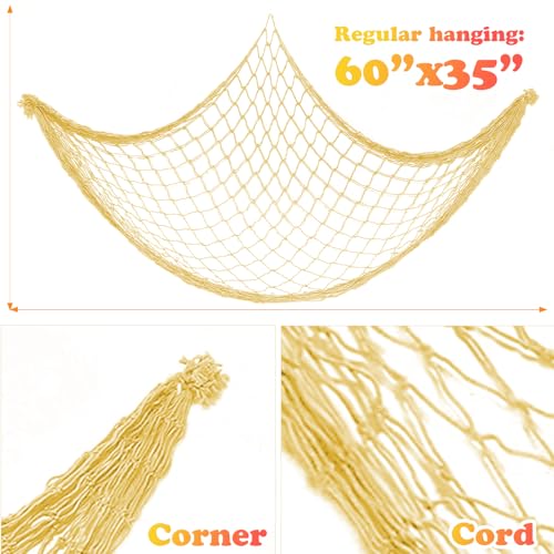 2 Pack Fish Net Decorations for Party,Natural Cotton Hawaiian Party Fishing Net Decorative, Nautical Themed Cotton Fishnet Under The Sea Pirate Ocean Beach Decor - color: 2pack-yellow