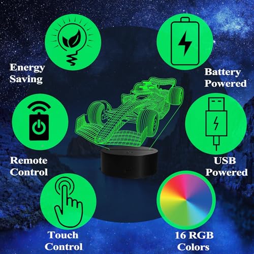 F1 Car Night Light, Formula One Gifts, 3D Illusion Lamp with Remote Control, 16 RGB Colors, 4 Flashing Modes, Timer, Dimmable, Men Boy Racing Car Gifts Room Decoration for Holiday Birthday Christmas - color: Color 10