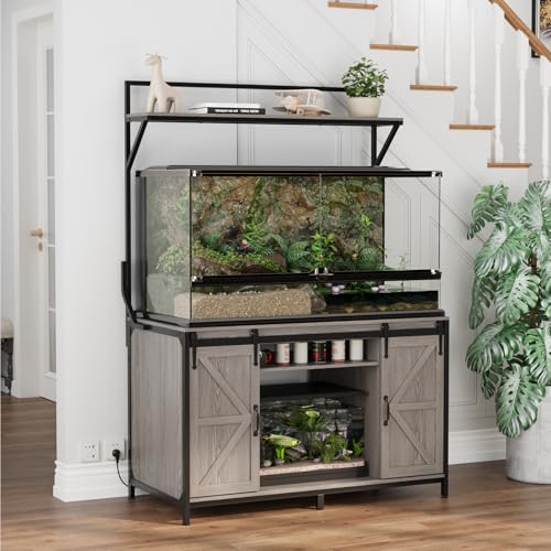 VOWNER Farmhouse Reptile Tank Stand with Power Outlet, 48" X 24" Tabletop Fits up to 120 Gallon Bearded Dragon Tank, Heavy Duty Aquarium Stand with Storage Cabinet, Reptile Turtle Terrarium Stand Grey - color: Grey