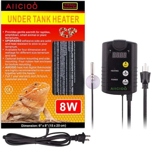 Aiicioo Under Tank Heater Thermostat - Reptile Heating Pad with Temperature Control Reptile Heat Mat for Combo Set for Hermit Crab Lizard Terrarium 8W - size: 6" X 8"(8W) with Thermostat