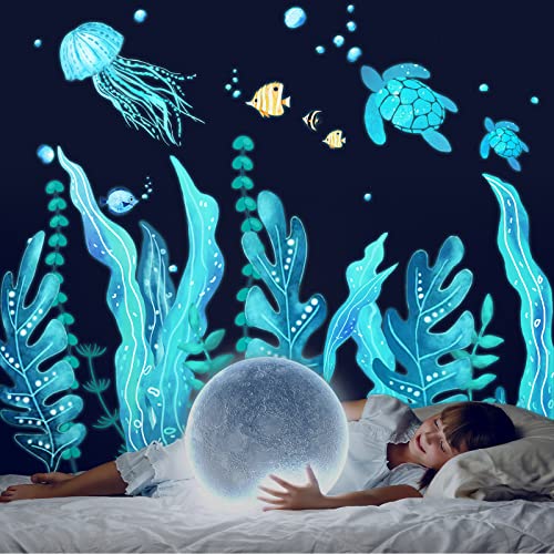 Tenare 5 Sheets Glow in The Dark Ocean Sea Turtle Wall Decals Stickers Under The Sea Stickers Seaweed Grass Jellyfish Fish Removable Vinyl Decal for Bedroom Bathroom Baby Nursery Room Wall Decor(Blue) - style: Glow Style