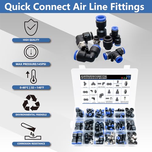 108 Pcs Quick Connect Air Hose Fittings Kit - 1/8" to 1/2" NPT Thread Push To Connect Fittings for Workshops - size: 108PCS PBT Plastic & Copper