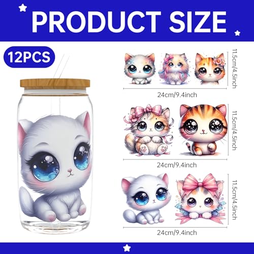 UV DTF Cup Wrap for 16oz Glass, 12 Sheets Cute Cat Theme UV DTF Decals, Tumblers, Rub on Transfer Stickers - style: Cute Cat Theme