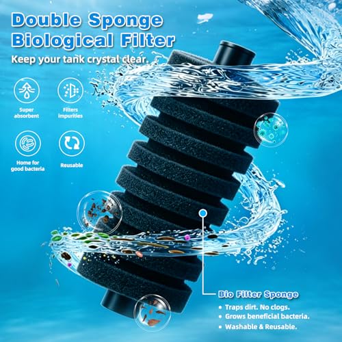 TARARIUM Aquarium Sponge Filter 5-20 Gallon Fish Tank Filter, Electric Power Double Sponge Filter, Quiet Small Low Flow Foam Filter for Fish Tank Betta Shrimp, Intake Dual Sponge Filter Kit w/Pump - size: JF-80