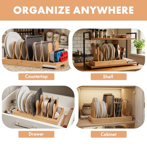 MEKER Pot Lid Holders, Cabinet Organizer for Food Contanier Lid, Bamboo Expandable Bakeware for Under Cabinet, Adjustable Dividers, Pot Lids Holder Rack, Cookie Sheet Baking Pan, Tray Organizer, 10PCS