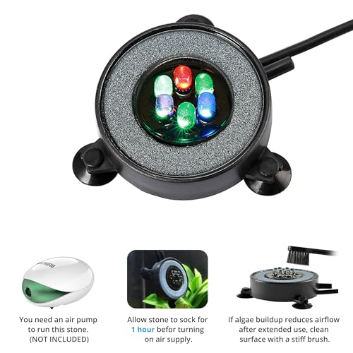 NICREW Multi-Colored LED Aquarium Bubbling Stone Disk, Round Fish Tank Bubbler with Auto Color Changing LEDs - size: 2 inch
