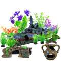 Aquarium Artificial Plastic Plants Decorations and Sunken Ship Set Goldfish 14 PCS Large Fish Tank Accessories Goldfish Betta Tank Decor