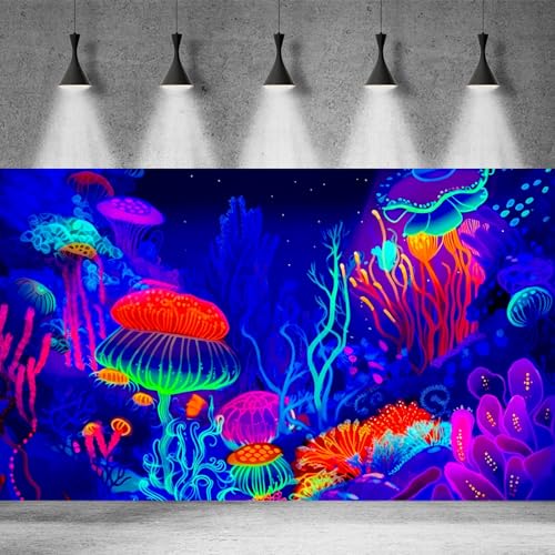 Underwater Scene Aquarium Background Cartoon Style Tropical Jellyfish Corals Terrarium Background Aquatic Life Deep Sea Ocean Marine Fish Tank Backdrop Poster Wallpaper Decorations Vinyl 36x20in - size: 36(W)x20(H)in