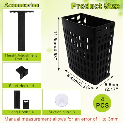 4 Pack Aquarium Plant Holder, Fish Tank Plant Basket with Extendable Hook and Suction Cup, Adjustable Planter for Aquaponic Cultivation and Aquascape Decor (Black)