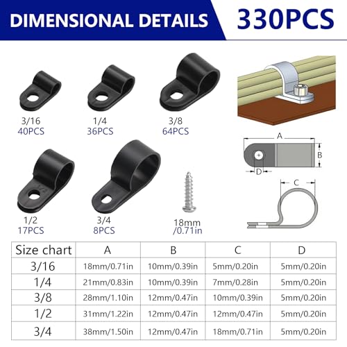 330 Pcs Black Cable Clips Wall, Plastic Wire Cable Clamps with Screws, R Nylon Wire Clips for CordsWire Clamps for Cables, cCable Management Clipss, for Organizing Electric Wires Cords(5 Sizes)