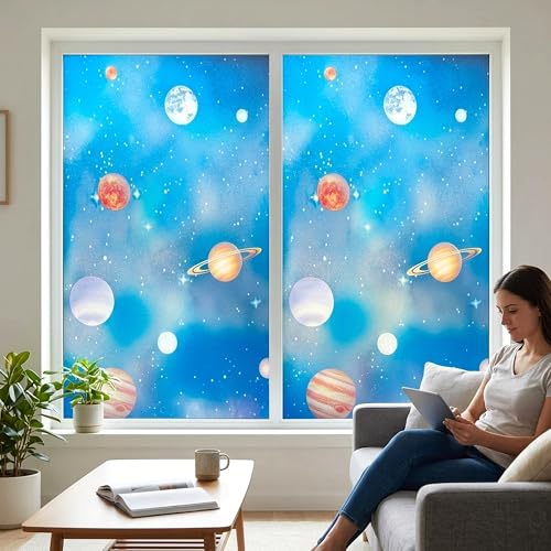 Blue Window Privacy Film Stained Glass Sliding Door Cling Decorative Galaxy Planet Static Tint UV Blocking Non-Adhesive Covering Stickers Cover Decal for Kids Bedroom,17.5x78.7in. - color: Galaxy Blue, size: 17.5''x78.7''
