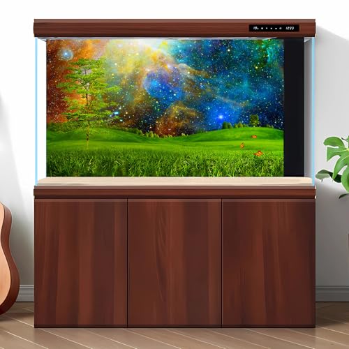 Fantasy Nightly Sky Aquarium Background Abstract Meadow Natural Landscape Fish Tank Background Stars Under Blue Nightly Sky Terrarium Backgrounds Mountains Pine Trees Reptile Tank Backgrounds 24x12in - color: Green_Blue, size: 24(W)x12(H)inches/ 60(W)*30c