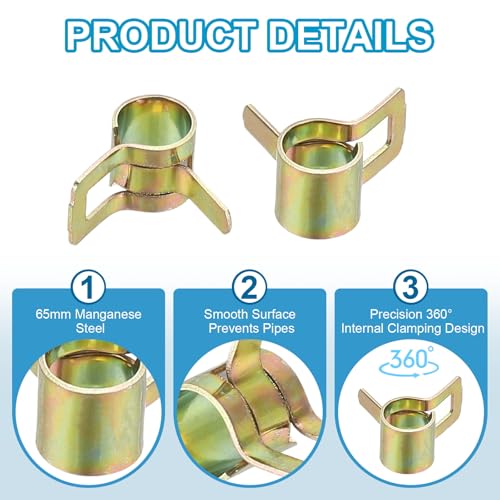 PATIKIL Spring Band Hose Pipe Clamps for 6-6.8 mm OD Hose, 30 Pack Silicone Vacuum Constant Tension Band Clips for Fuel Line Silicone Air Hose Tube Water Pipe, Gold - size: 6-6.8 mm