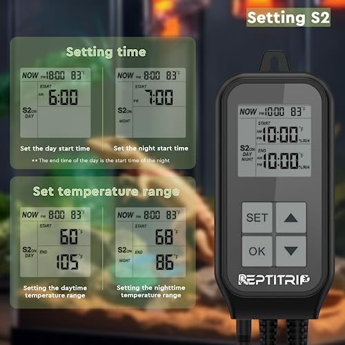 REPTITRIP Reptile Thermostat, Light Timer for Temperature and Lighting Control, Day-Night Timer Thermostat with Reptile Thermometer for UVB Light, Heat Lamp, Heating Pad, 10A 1250w