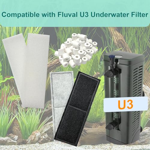 2 Set Aquarium Filter Media Compatible with Fluval U3 Underwater Filter, Include 4 Carbon Foam Filter Pads, 4 Sponge Filters and 1 Ceramic Ring, Fit for Freshwater and Saltwater Aquariums - size: U3 Series
