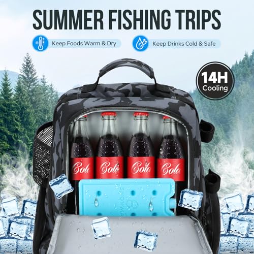 PLUSINNO Cooler Fishing Backpack with Rod Holders 45L Large Water-resistant Fishing Tackle bag Store Fishing Gear Fishing Gifts for Men Father - color: Black Camo