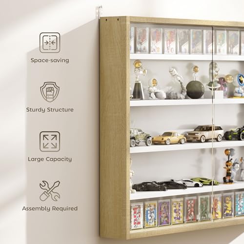 HOMCOM 5-Tier Display Cabinet, Glass Door Cabinet with Adjustable Shelves, Wall-Mounted Display Case for Playroom, Bedroom, Oak and White - color: Oak and White