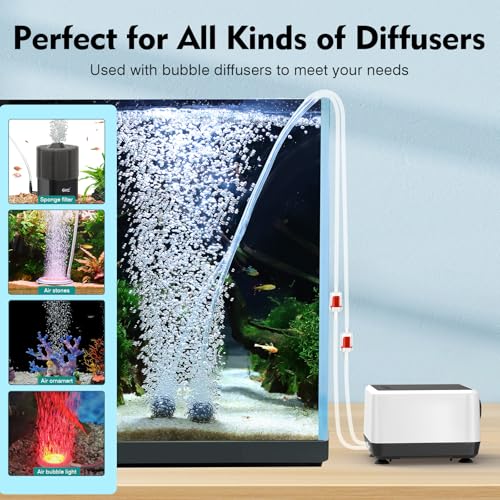 hygger Aquarium Air Pump, Quiet Adjustable Oxygen Pump, Powerful Energy-Saving Dual Outlet Fish Tank Aerator with Accessories for Fish Tank Up to 150 Gallon 6W