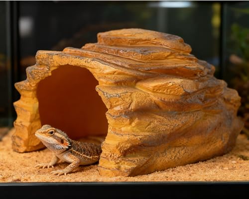 Resin Reptile Hideout,Large Rock Cave Habitat Decor for Reptile and Amphibians.Rock Basking Platform,Terrarium & Aquarium Decor for Bearded Dragons,Lizards,Snakes,Turtles,Gecko,Tortoises,Small Animals - style: Large Size ( Yellow)