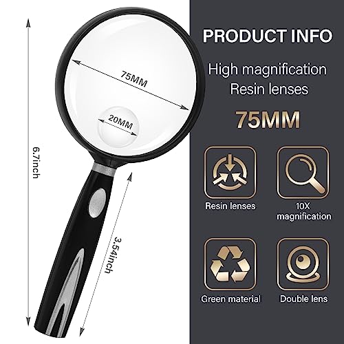 Feosky Handheld Reading Magnifier, 10X Magnifier, 75mm Shatterproof Lens, Non-Slip Handle for Adults Close Work, Seniors Reading and Nature Exploration, Hobby Observation(Gold) - color: Gold, size: 75mm