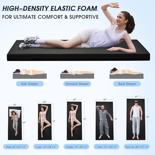 CYMULA 3 Inch Memory Foam Camping Pad, Camping Essentials Roll Up Floor Mat for Car Camping, Cot, Tent, Truck, Travel and Guest Use, Non-Slip Waterproof Bottom, Removable Cover - color: BLACK, size: Twin XL:80*38*3