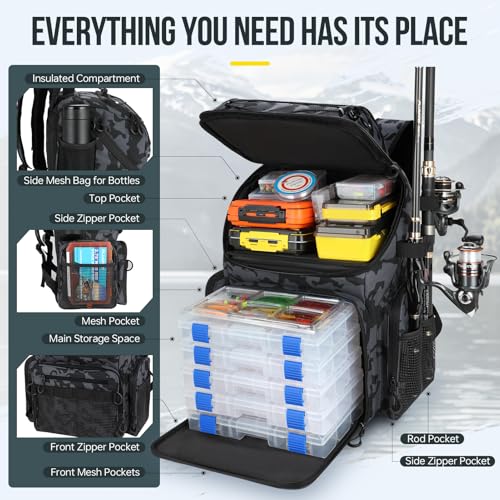 PLUSINNO Cooler Fishing Backpack with Rod Holders 45L Large Water-resistant Fishing Tackle bag Store Fishing Gear Fishing Gifts for Men Father - color: Black Camo with box