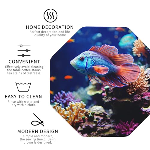 Drink Coasters Set of 4 Leather Coasters for Drinks Coral Reef Fish Aquarium Round Cup Mat Pad Easy Clean Bar Coasters Heat Resistant Funny Cup Coasters for Tabletop Protection,4 Inches - color: Octagon