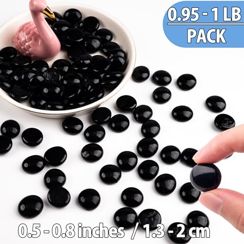 Meschett Black Glass Marbles, 0.97 LB Flat Glass Beads for Vases, Mosaic Gem Pebbles for Aquarium Decor, Floral Arrangements Vase Filler Smooth Mancala Stones and Crafts Approx. 80-100PCS - color: Black