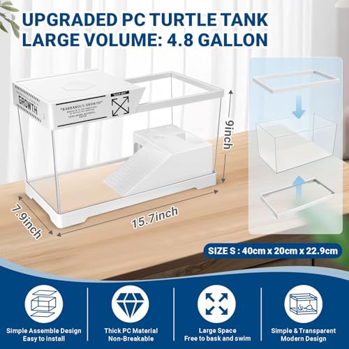 GOZILLA Turtle Tank Kit(Tank+Lamp+Filter), Upgrade PC Turtle Tank Starter Kit with Adjustable Lamp & Filter, Reptile Habitat with Lid, Basking Platform for Small Reptiles.(15.75 × 7.9 × 9''/White Kit) - color: Medium-White-Kit