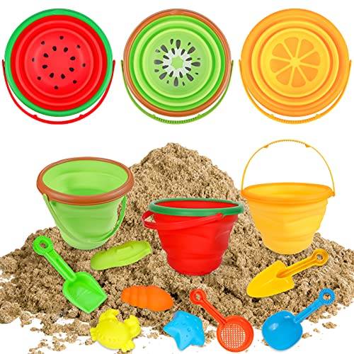 Beach Sand Toys Set for Kids, Silicone Collapsible Foldable Beach Bucket Travel Beach Toys for Summer Outdoor Camping and Fishing Tub with Sand Molds Shovels Rakes for Toddlers Boys Girls 2.5L 3PCS - style: Style2