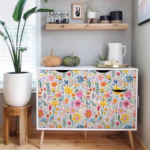 Colorful Fairy Flowers Garden Wildflower Pink/Yellow/Gree/Blue Peel and Stick Wallpaper Wall Decor Self Adhesive Wall Paper Stick on Easy Peel Off Contact for Renter Apartment - color: Fairy Colorful Garden, size: 17.7" x 118"