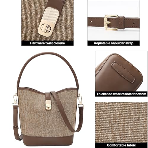 FOXLOVER Coated Canvas Bucket Crossbody Bags for Women Top-Handle Handbags Small Satchel Purse Trendy Twist Lock - color: Coffee