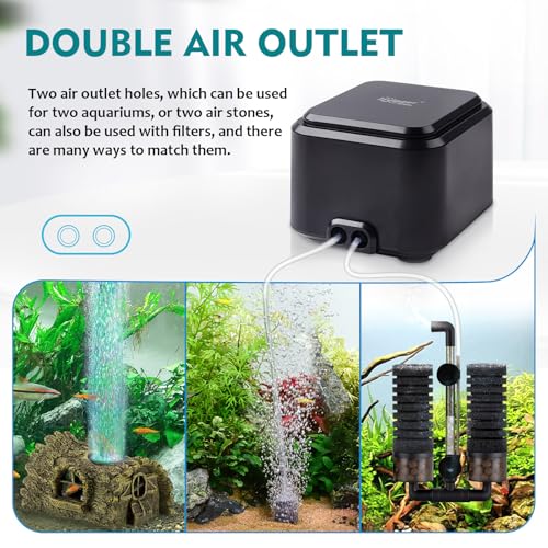 hygger Quiet <30dB Aquarium Air Pump, Adjustable Low Decibel Oxygen Fish Tank Pump 2 Air Outlets Ultra Silent Powerful Aerator Pump with Accessories Max 80GPH/160GPH/255GPH(3.5W,Up to 120Gallon) - size: 3.5W,Up to 120Gallon