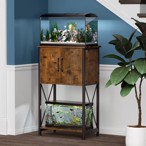 Herture 5-10 Gallon Fish Tank Stand, Metal Double Aquarium Stand with Cabinet for Fish Tank Accessories Storage, Heavy Duty 20.5" L* 11.02" W Tabletop, 500LBS Capacity Rustic Brown and Black PG06YGN - color: Rustic Brown, size: 5-10 Gallon