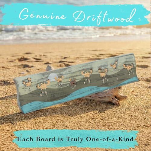 Crab Driftwood Wall Art & DIY Key Holder – Handmade Coastal Home Decor – 17.5" Genuine Weathered Wood Plank with 5 Removable Hooks for Keys, Leashes, and Jewelry – Beach House Entryway Organizer (Crab Parade) - style: Crab Parade