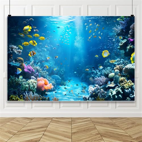 Underwater Aquarium Backdrop 10X8ft Tropical Ocean Fish Coral Under The Sea Theme Decoration Background Kids Birthday Party Baby Shower Supplies Banner Photo Booth Studio Props - color: Ocean-3