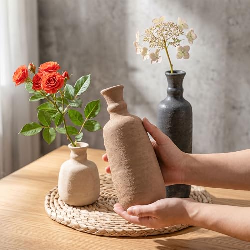 Ceramic Vase Set, 3Pcs Flower Vases for Modern Boho Farmhouse Decor, Decorative Vases for Pampas Grass & Dried Flowers, Distressed Finish - color: H