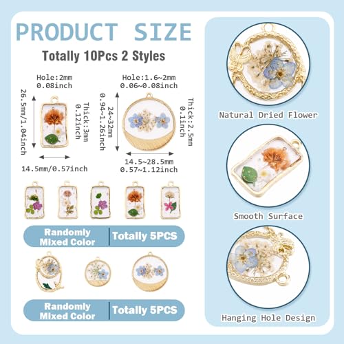 Transparent Flower Resin Charms Round Gold Edge Dried Floral Pendants Flat Round Clear Gold Foil Floral Charms for Necklace Bookmark Keychain Jewelry Making - color: Flower-9