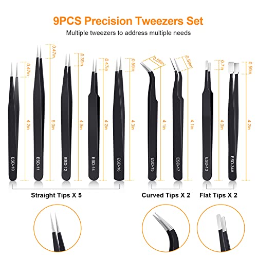 kaverme 9PCS Precision Tweezers Set, Upgraded Anti-Static Stainless Steel of Tweezers, for Electronics, Soldering, Laboratory Work, Jewelry-Making, Model, Craft - style: 9pcs