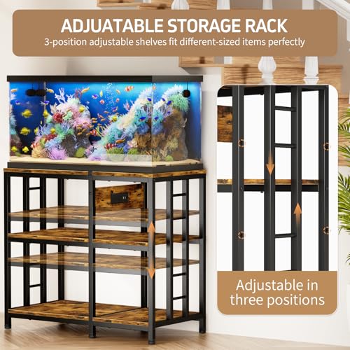 Reinforced 40-50 Gallon Aquarium Stand with Power Outlet, Ultra-Stable 720LBS Capacity Metal Fish, Tank Stand for Reptile/Aquatic Setups, 5-Tier Adjustable 37"x19" Steel Shelving System - color: Retro Brown, size: 40-50 Gallon