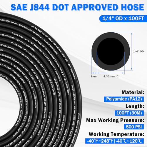 1/4" Air Line Tubing Kit,100 FT(30m)1/4 Inch DOT Air Line SAE j844 PA Nylon Air Hose Quick Connect Fittings with Cutter and Teflon Tape,1/4" Air Hose Kit for Pneumatic System Or Fluid Transfer(27 PCS)