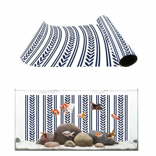Navy Blue Botanical Aquarium Background 16x36 Inch Self-Adhesive Fish Tank Decorations, Modern Farmhouse Striped Decorative Fish Tank Background Polyester Aquarium Decor Poster - color: Blue, White, Navy, size: 16x36in
