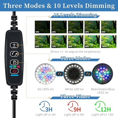 DaToo Mini Clip On Aquarium Light 7W Dimmable Small Fish Tank Light USB Moving Lamp with White Red Blue Green LED for 1 to 3 Gallon Tanks (with Timer) - size: Clip Light With Timer&Dimmer