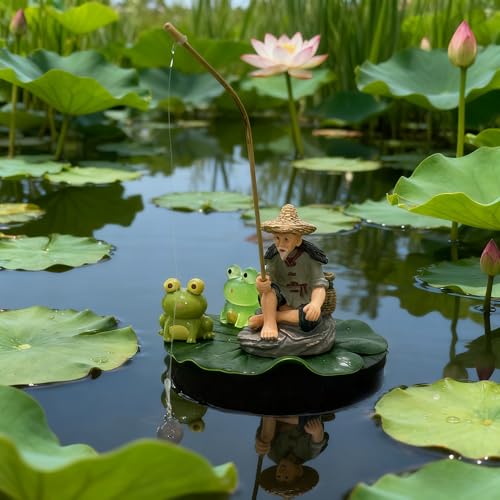 Floating Fish Tank Decorations, Mini Fisherman Aquarium Decor with Lotus Leaf and Fishing Rod, Floating Aquarium Ornaments with Interactive Feeder for Small Fish