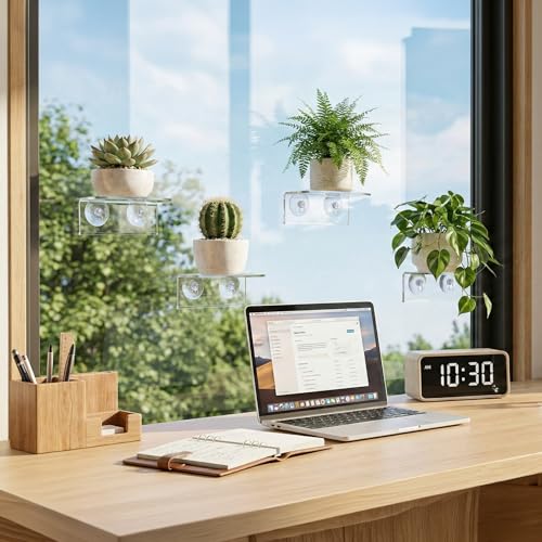 4 Pack Window Plant Floating Shelf, Suction Cup Shelf for Fish Tank, Acrylic Ledge Plants Holder Window Sill Extender for Indoor Plants, Micro Greens, Succulents, Herb Pots (Semicircular)