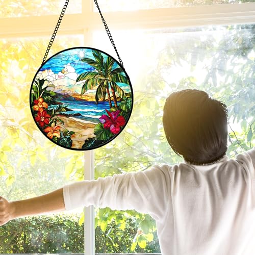 DASTOLL Stained Glass Window Hanging, Blue Beach Scenery Suncatcher Diamond Glass Panel Hangings Sun Catchers Decor for Birthday for Women, Men, Wife, Aunt, and Mom 9.8 in - color: Blue-green, size: 9.8x9.8 IN